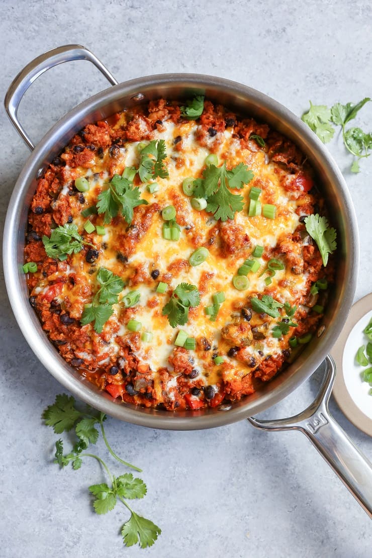 Turkey and Black Bean Enchilada Skillet with Sweet Potato Rice - an easy, healthy meal made in under an hour!