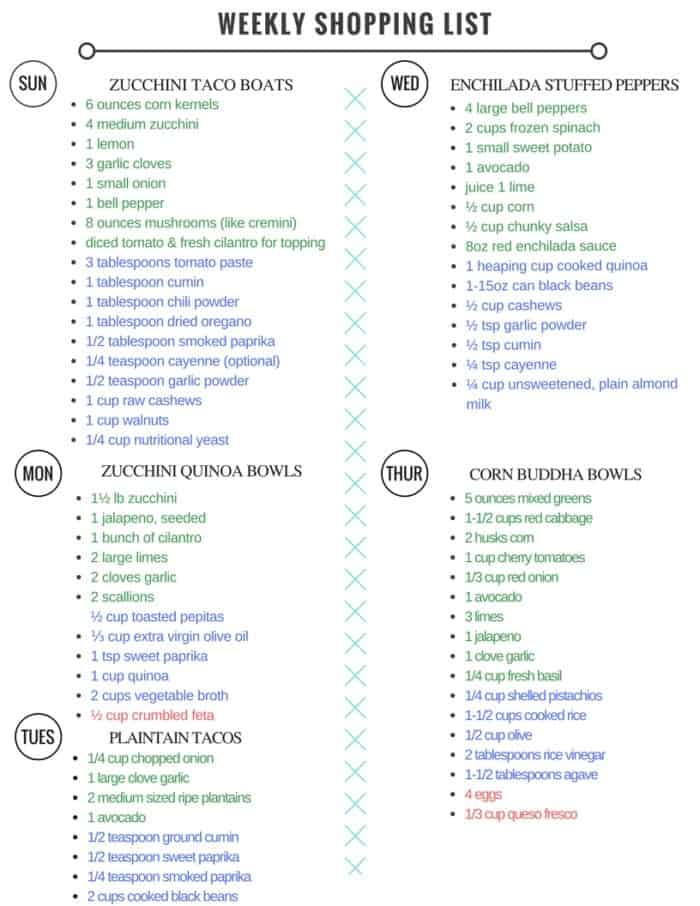 Healthy vegetarian meal plan shopping list