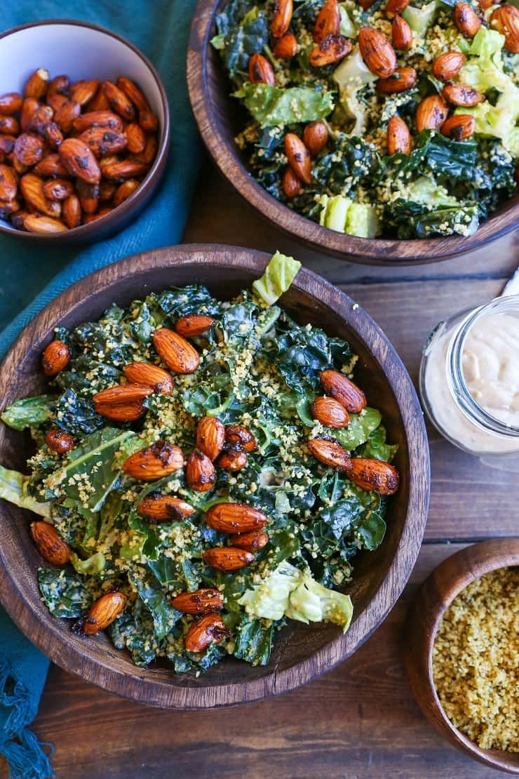 The Best Vegan Kale Caesar Salad Recipe - made with all whole food ingredients. This paleo caesar salad is perfect for gatherings!