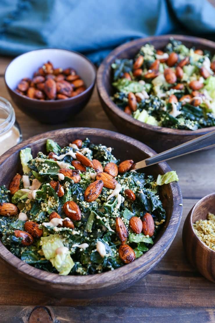 The Best Vegan Kale Caesar Salad Recipe - made with all whole food ingredients. This paleo caesar salad is perfect for gatherings!