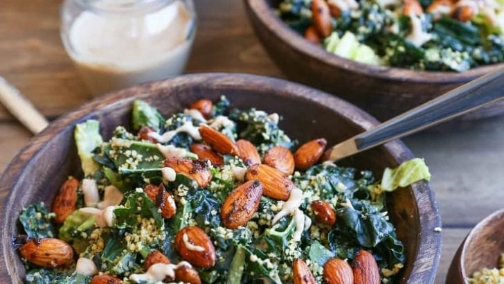 The Best Vegan Kale Caesar Salad Recipe - made with all whole food ingredients. This paleo caesar salad is perfect for gatherings!