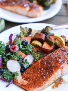 Crispy Honey-Glazed Salmon with roasted vegetables and kale salad