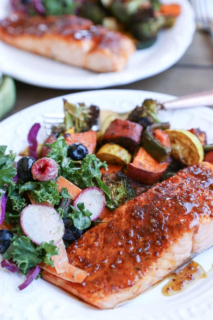 Crispy Honey-Glazed Salmon with roasted vegetables and kale salad