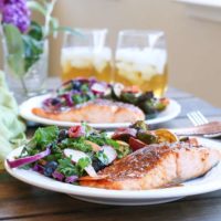 Crispy Honey-Glazed Salmon with roasted vegetables and kale salad