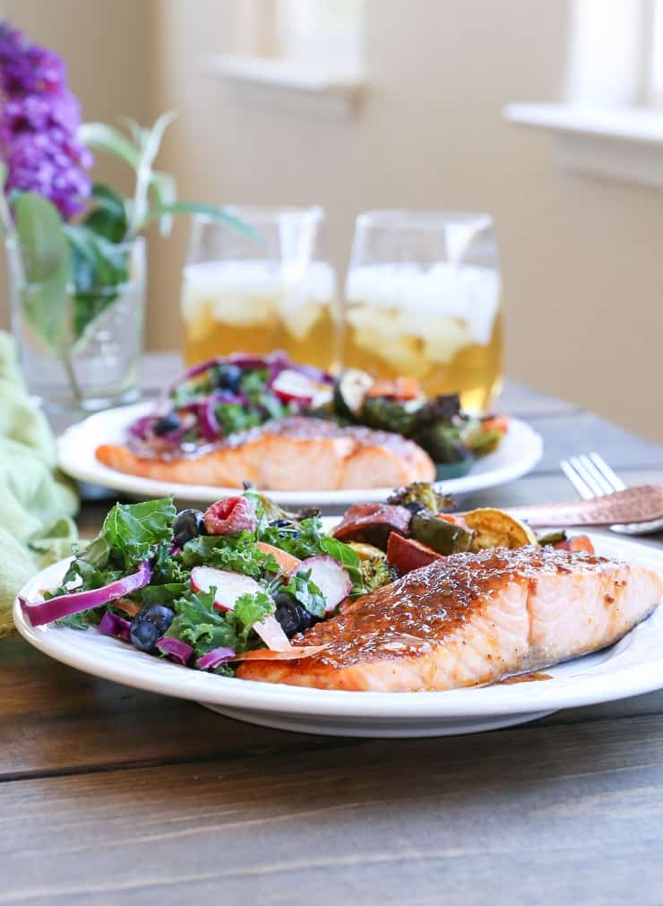 Crispy Honey-Glazed Salmon with roasted vegetables and kale salad