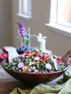 Kale and Blueberry Salad with Vegan Buttermilk Dressing - the perfect healthy option for bringing to picnics and barbecues!