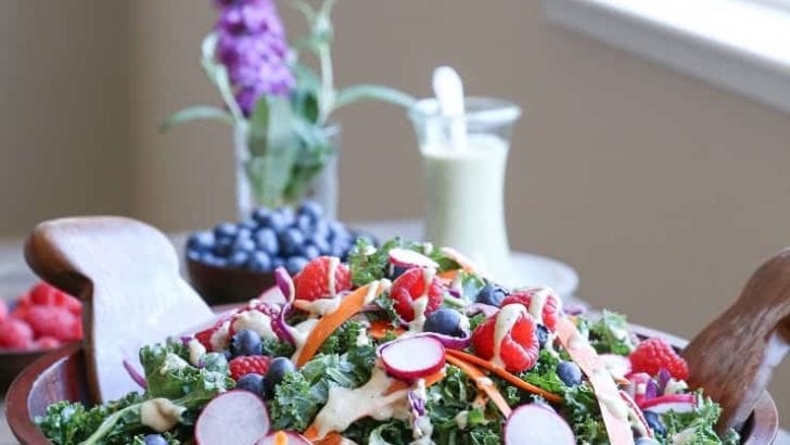 Kale and Blueberry Salad with Vegan Buttermilk Dressing - the perfect healthy option for bringing to picnics and barbecues!