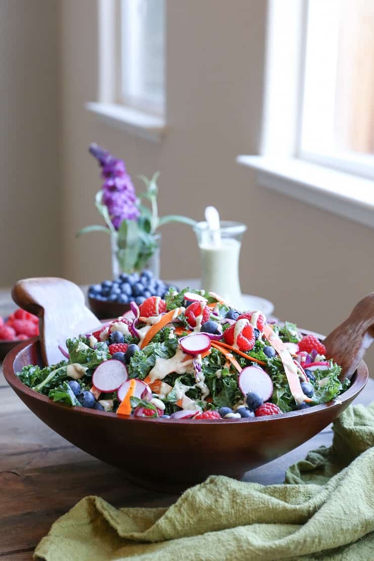 Kale and Blueberry Salad with Vegan Buttermilk Dressing - the perfect healthy option for bringing to picnics and barbecues!