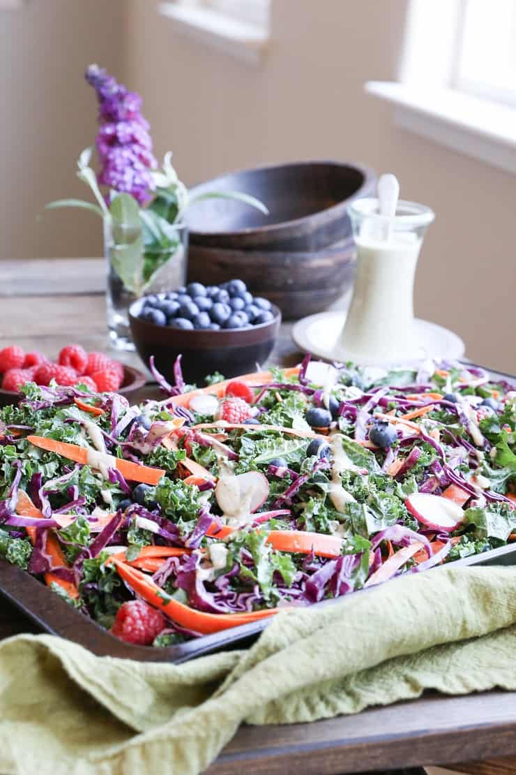 Kale and Blueberry Salad with Vegan Buttermilk Dressing - the perfect healthy option for bringing to picnics and barbecues!