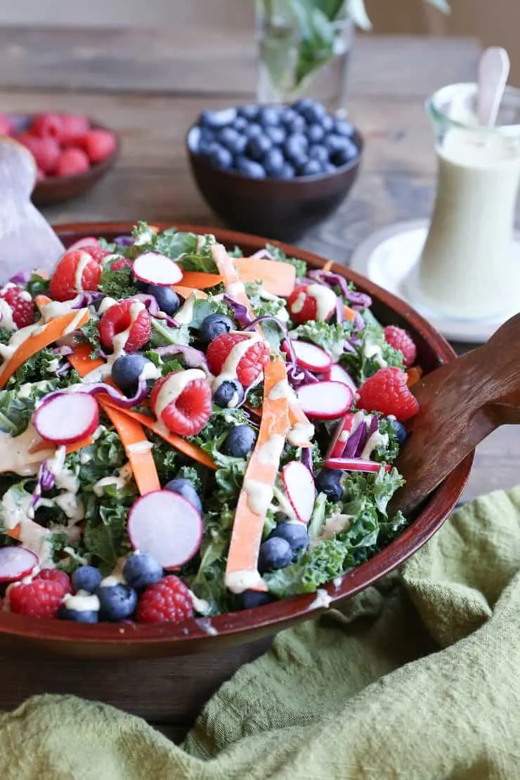 Kale and Blueberry Salad with Vegan Buttermilk Dressing - the perfect healthy option for bringing to picnics and barbecues!