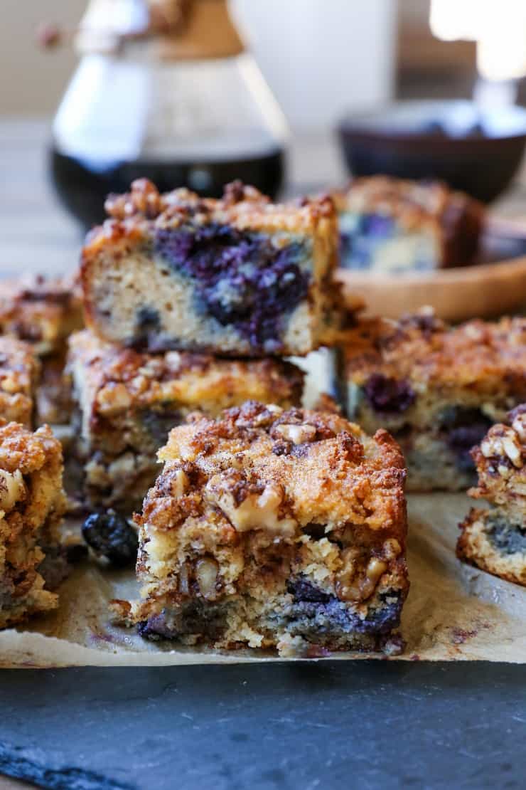 Paleo Blueberry Coffee Cake - a grain-free, dairy-free, refined sugar-free version of the classic breakfast. Made with almond flour, coconut flour, and pure maple syrup, this healthy treat is delicious and nutritious!