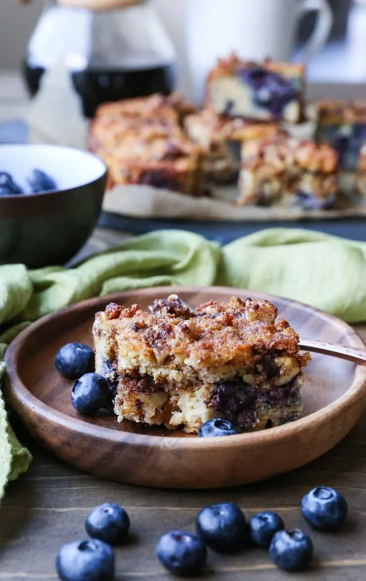 Grain-Free Paleo Blueberry Coffee Cake made with almond flour, coconut flour, and pure maple syrup. Dairy-free and naturally sweetened!