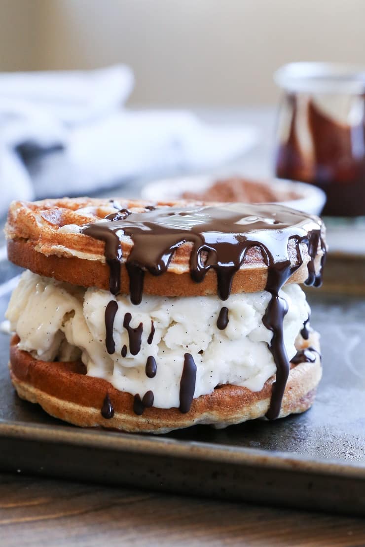 Waffle Ice Cream Sandwich with Paleo Chocolate Magic Shell