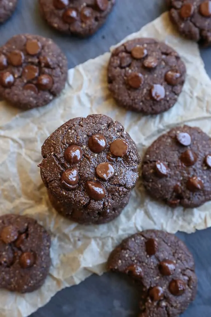 Paleo Double Chocolate Chip Cookies - a healthy cookie recipe made with almond flour, coconut oil, and pure maple syrup. Dairy-free, and naturally sweetened!