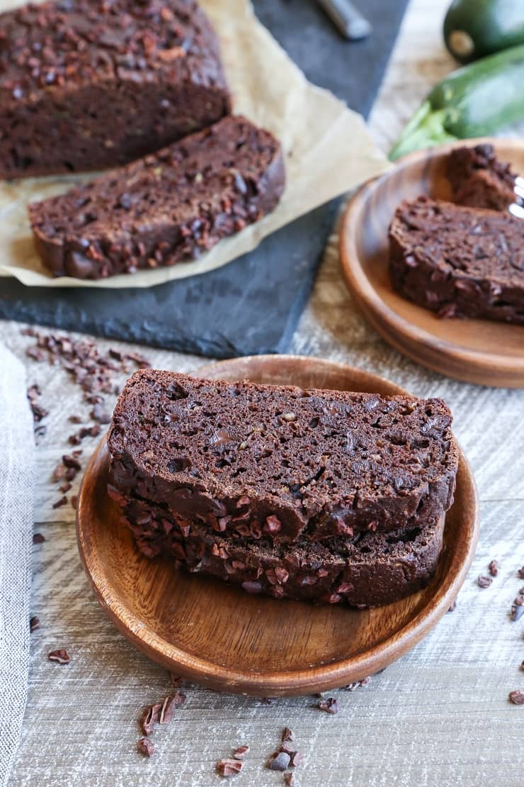 Paleo Double Chocolate Zucchini Bread made with almond flour and pure maple syrup - this healthy quickbread is grain-free, dairy-free, refined sugar-free, and easily prepared in your blender