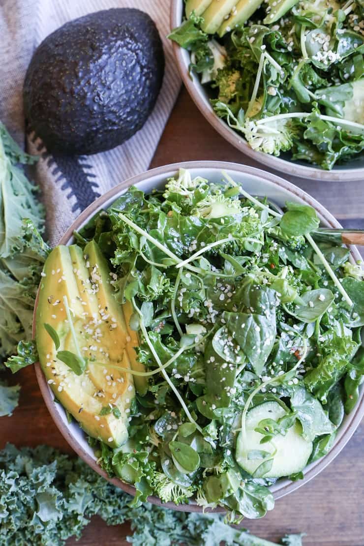 Raw Power Bowls with broccoli, kale, spinach, cucumber, avocado, and more! An easy vegan and paleo recipe