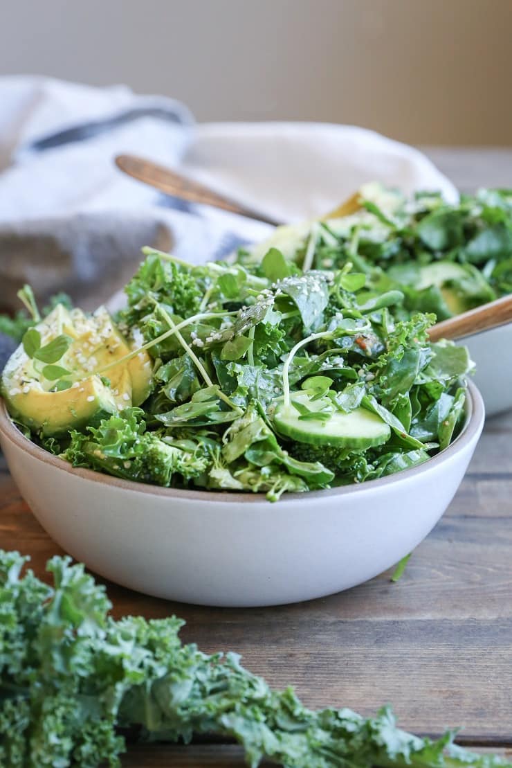 Raw Power Bowls with broccoli, kale, spinach, cucumber, avocado, and more!