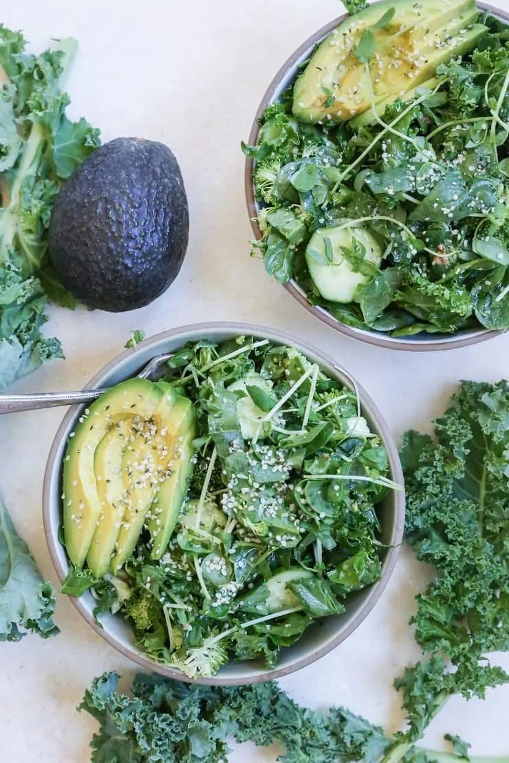 Raw Power Bowls with broccoli, kale, spinach, cucumber, avocado, and more!