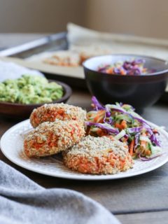 Sunflower seed-crusted Sweet Potato and Parsnip Fritters - a vegan and paleo side dish or dinner