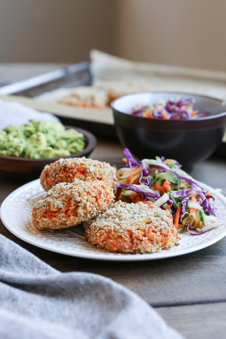 Sunflower seed-crusted Sweet Potato and Parsnip Fritters - a vegan and paleo side dish or dinner