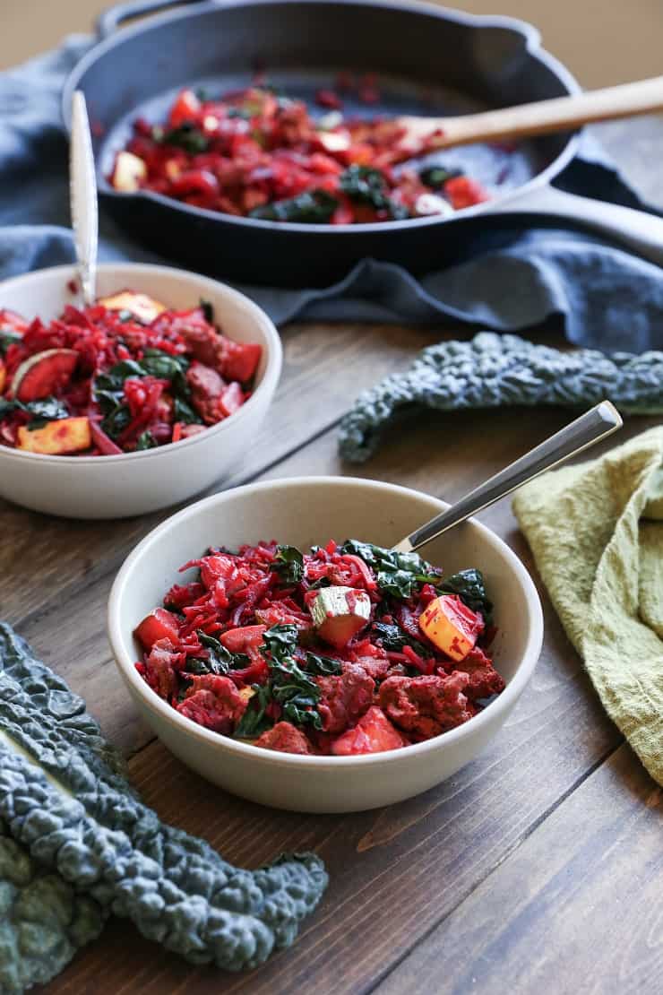 Turkey, Beet, Zucchini Hash with kale and yellow squash - an AIP and paleo friendly breakfast recipe made with highly nutritious ingredients