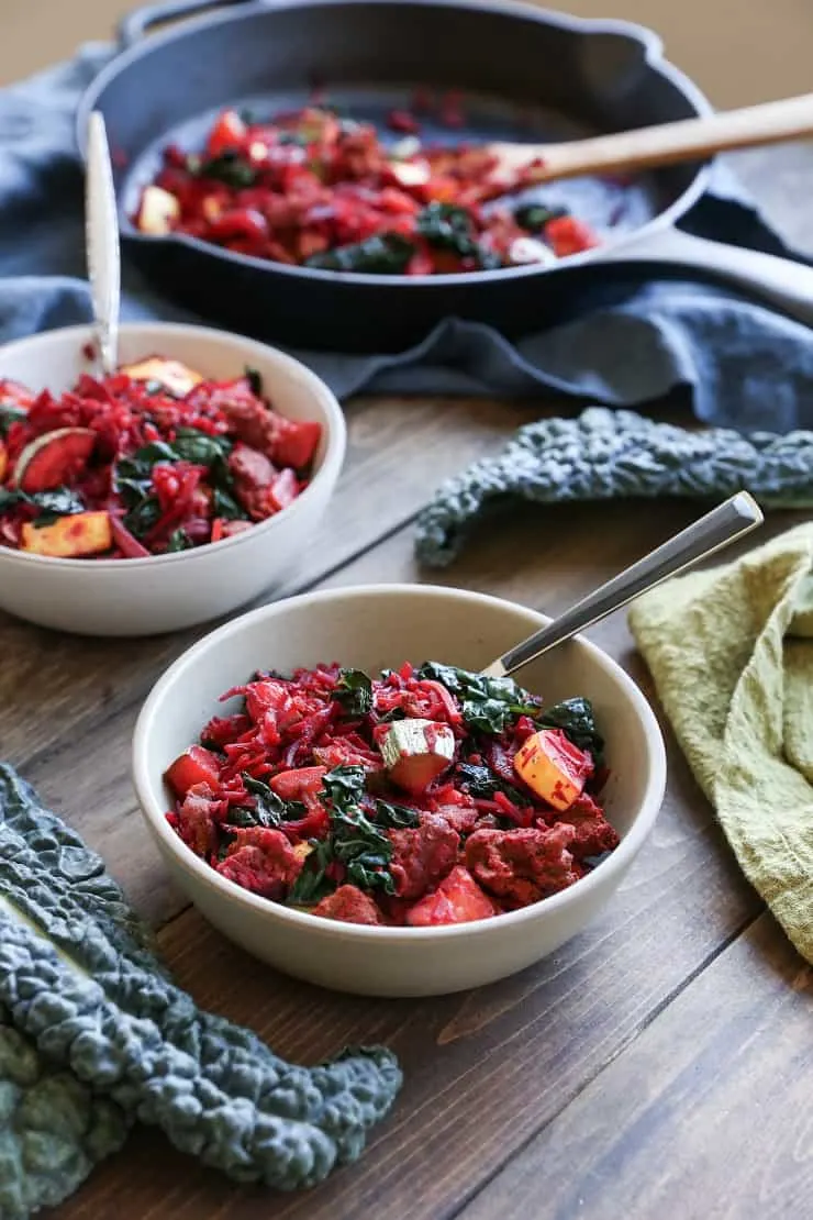 Turkey, Beet, Zucchini Hash with kale and yellow squash - an AIP and paleo friendly breakfast recipe made with highly nutritious ingredients