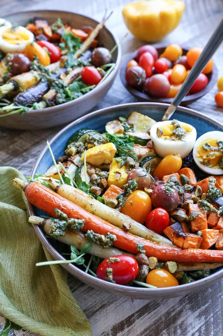 Roasted Vegetable Forbidden Rice Bowls with Carrot Top Pesto