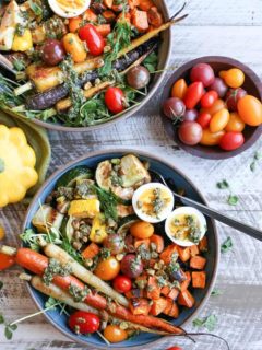 Roasted Vegetable Forbidden Rice Bowls with Carrot Top Pesto