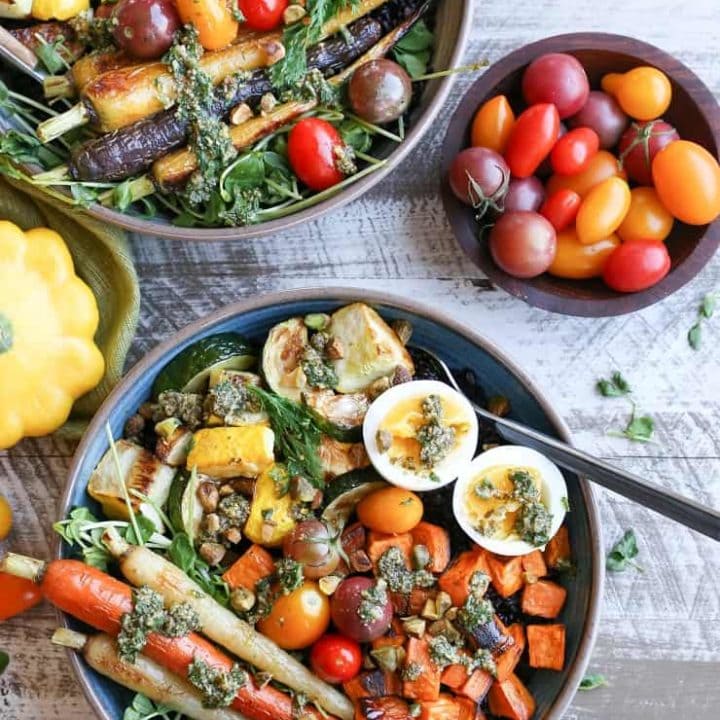 Roasted Vegetable Forbidden Rice Bowls with Carrot Top Pesto