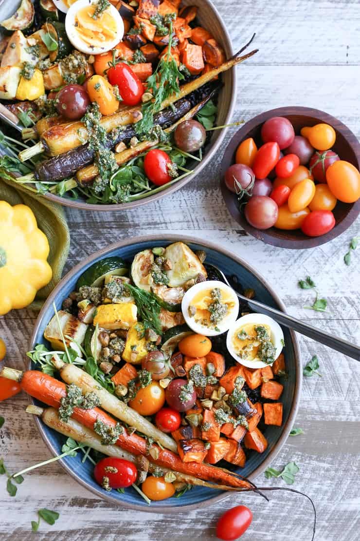 Roasted Vegetable Forbidden Rice Bowls with Carrot Top Pesto