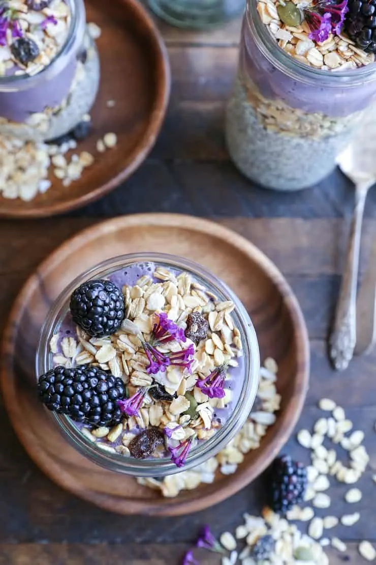 Blackberry Smoothie Chia Seed Pudding Parfait with muesli - a healthy dairy-free breakfast or dessert