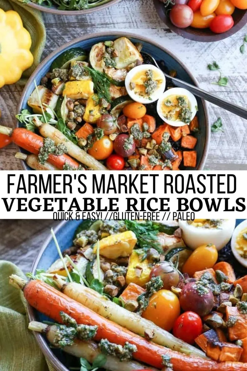 Farmer's Market Roasted Veggie Rice Bowls with Carrot Top Pesto - make great use of your CSA Box or farmer's market produce with these delicious, colorful bowls!