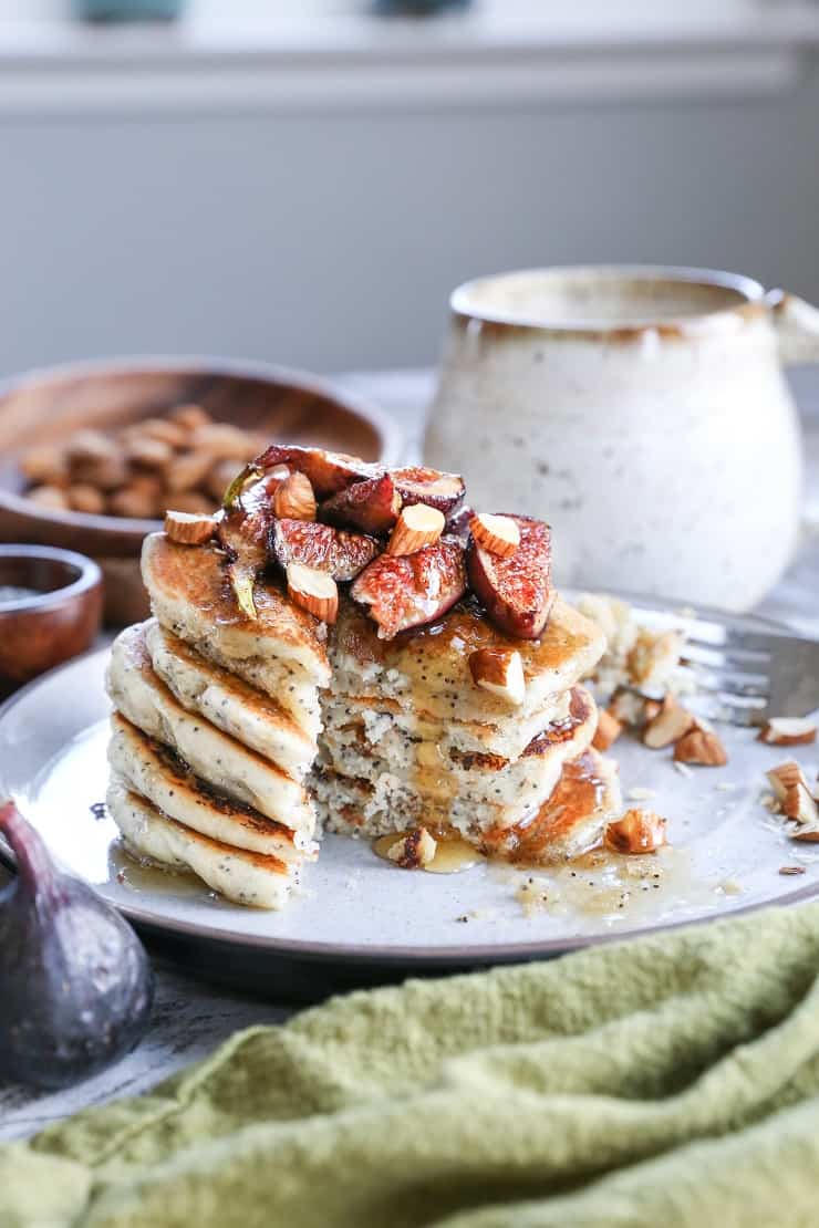 Gluten-Free Vegan Poppy Seed Pancakes with Caramelized Figs - the batter comes together quickly in your blender, making this an easy yet fancy breakfast recipe!