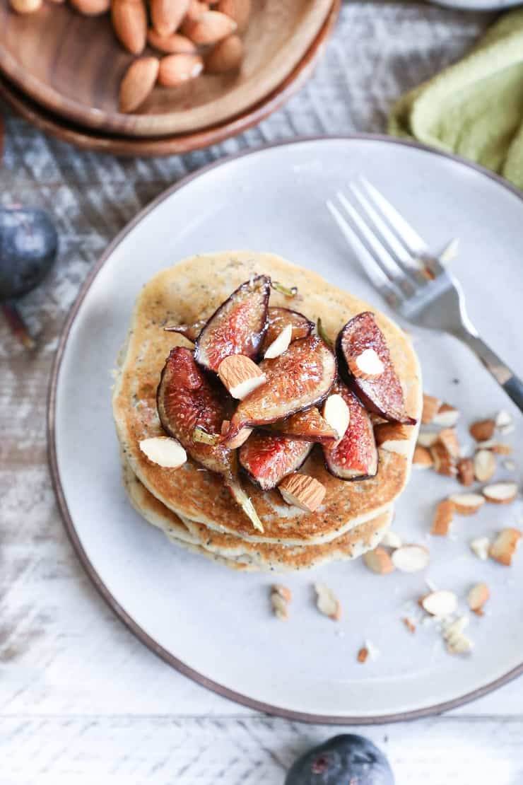 Gluten-Free Vegan Poppy Seed Pancakes with Caramelized Figs - the batter comes together quickly in your blender, making this an easy yet fancy breakfast recipe!