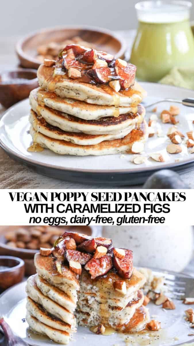 collage of two photos of vegan poppy seed pancakes
