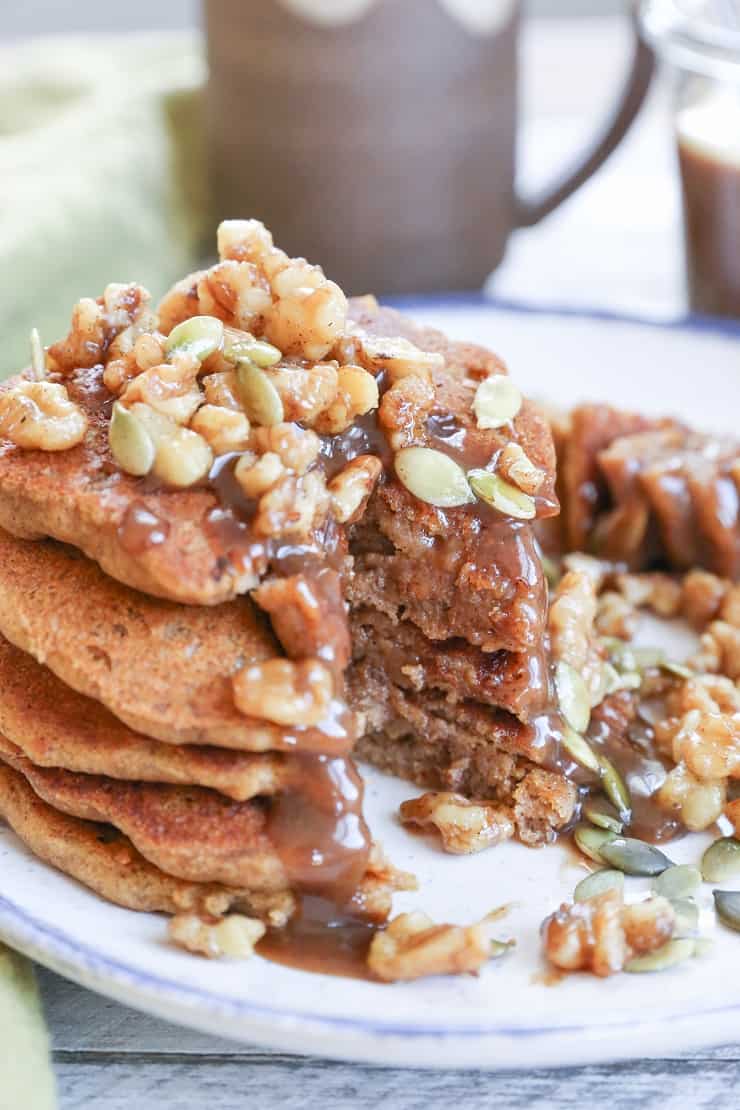 Vegan Pumpkin Pancakes with Chai-Spiced Paleo Salted Caramel - moist and fluffy pancakes you'd never know are gluten-free and vegan!