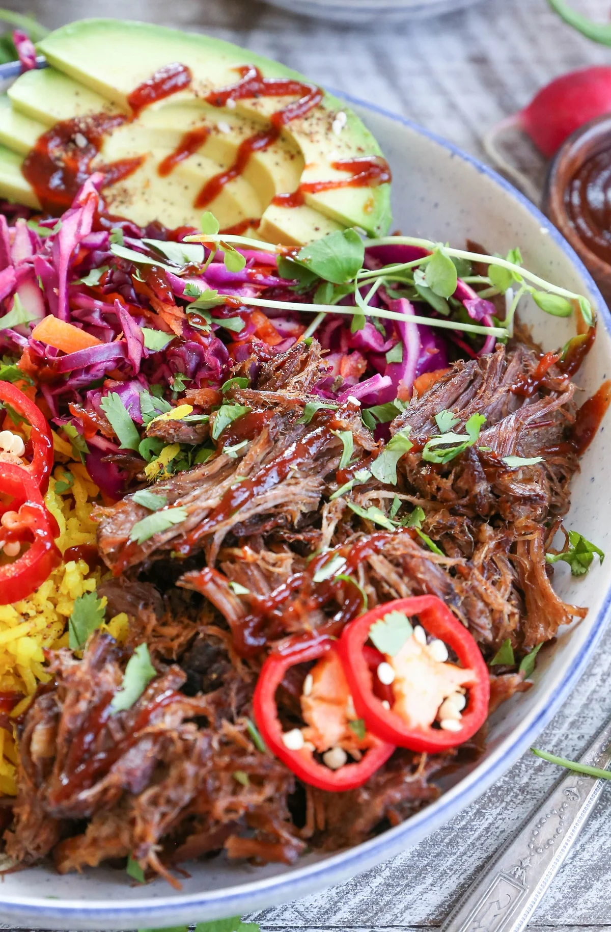 Slow Cooker Barbacoa Beef Burrito Bowls with Turmeric Rice and Cabbage Slaw - gluten-free, paleo, healthy dinner recipe