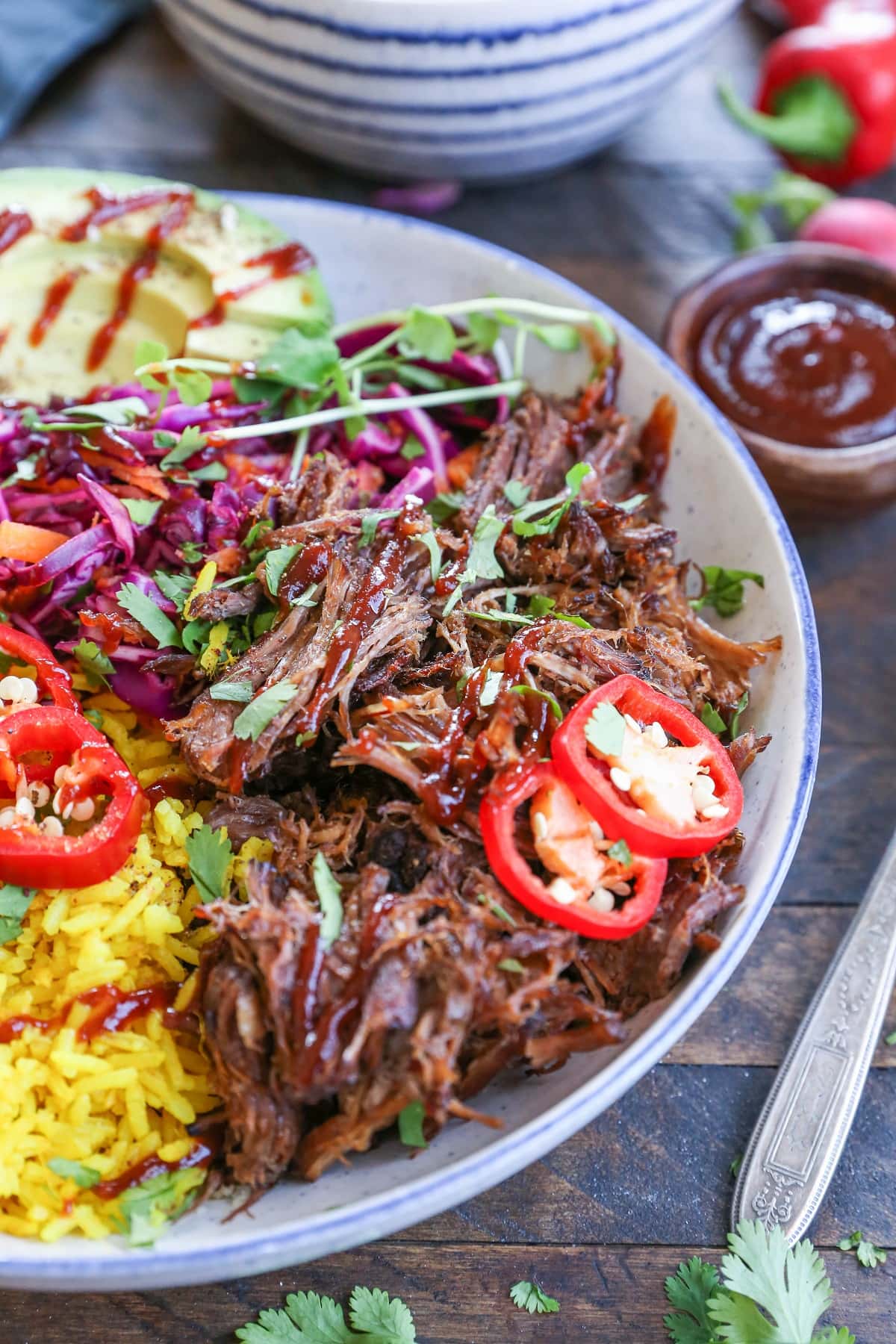 Slow Cooker Barbacoa Beef Burrito Bowls with Turmeric Rice and Cabbage Slaw - gluten-free, paleo, healthy dinner recipe