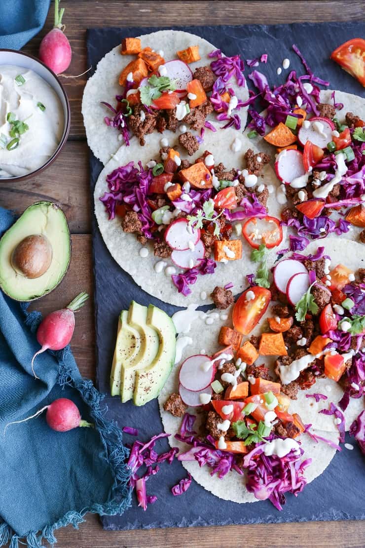 Ground Beef and Roasted Sweet Potato Tacos with Vegan "Queso" a beautifully seasoned and delightfully simple meal! #dinner #paleo #healthy