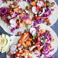 Ground Beef and Roasted Sweet Potato Tacos with Vegan "Queso" a beautifully seasoned and delightfully simple meal! #dinner #paleo #healthy
