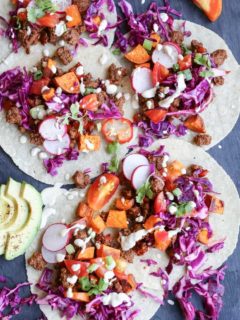 Ground Beef and Roasted Sweet Potato Tacos with Vegan 