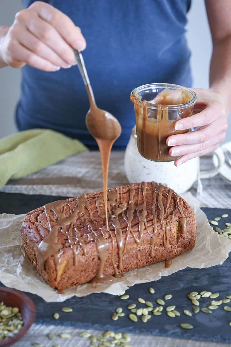 Gluten-Free Pumpkin Bread with Chai Caramel Glaze - refined sugar free, dairy-free, made with almond flour and rice flour for the ultimate moist, fluffy, and healthy treat