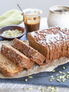 Gluten-Free Pumpkin Bread with Chai Caramel Glaze - refined sugar free, dairy-free, made with almond flour and rice flour for the ultimate moist, fluffy, and healthy treat