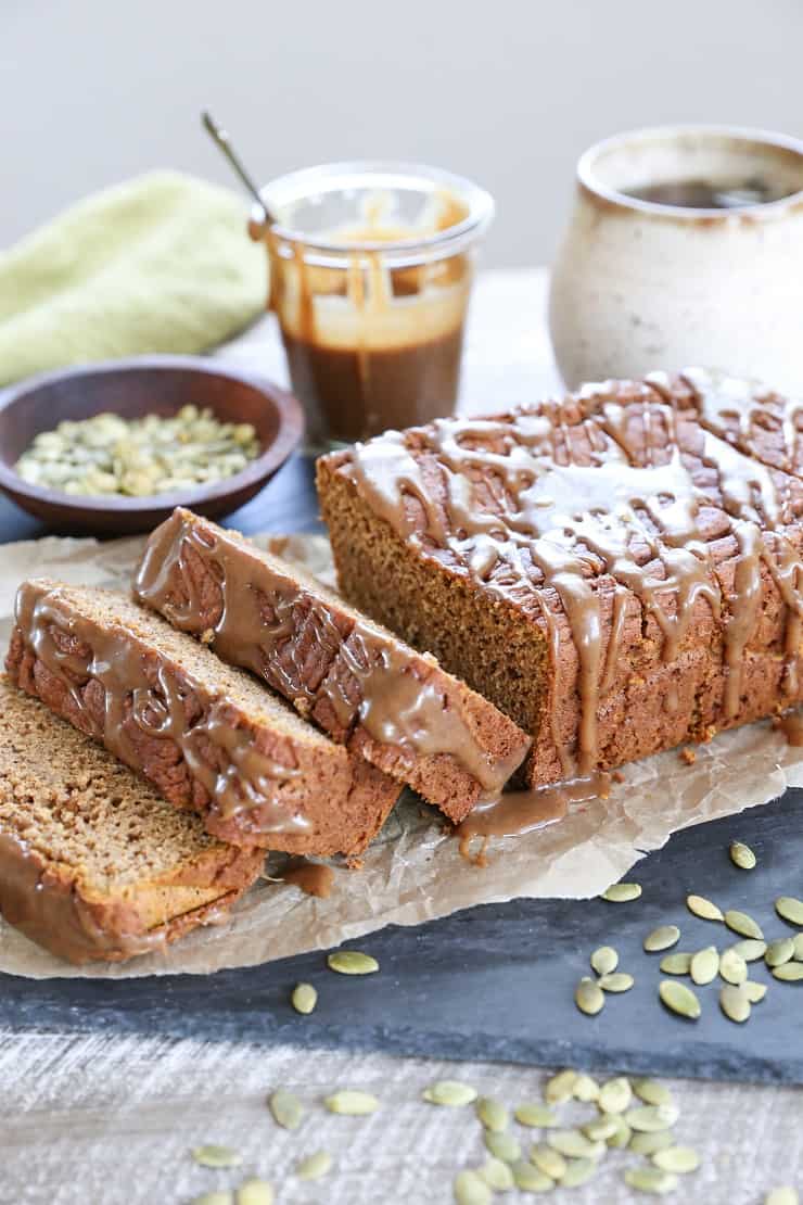 Gluten-Free Pumpkin Bread with Chai Caramel Glaze - refined sugar free, dairy-free, made with almond flour and rice flour for the ultimate moist, fluffy, and healthy treat