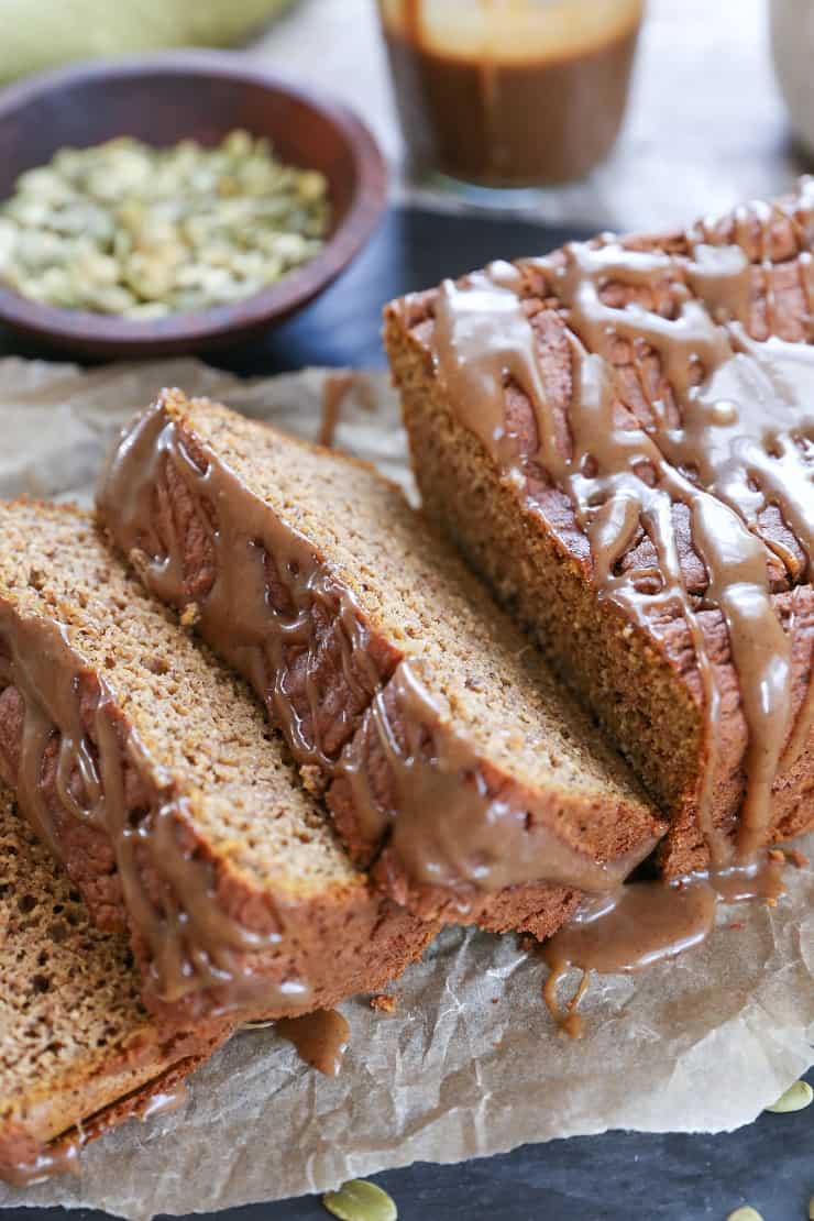 Gluten-Free Pumpkin Bread with Chai Caramel Glaze - refined sugar free, dairy-free, made with almond flour and rice flour for the ultimate moist, fluffy, and healthy treat