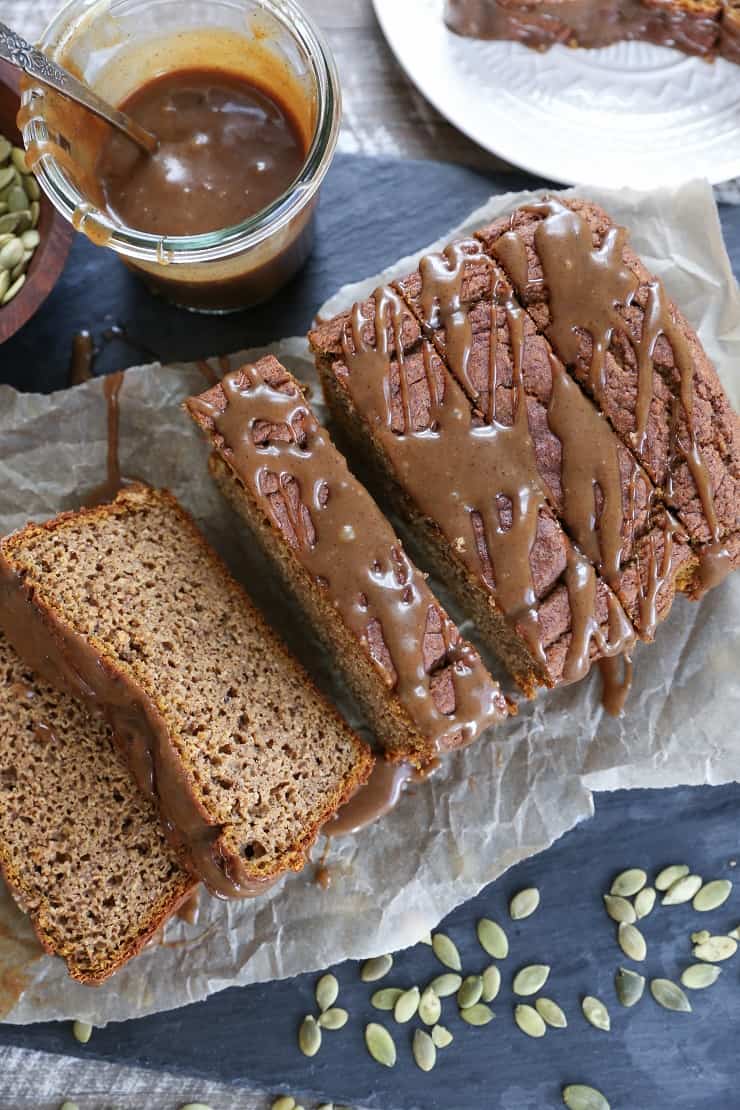 Gluten-Free Pumpkin Bread with Chai Caramel Glaze - refined sugar free, dairy-free, made with almond flour and rice flour for the ultimate moist, fluffy, and healthy treat