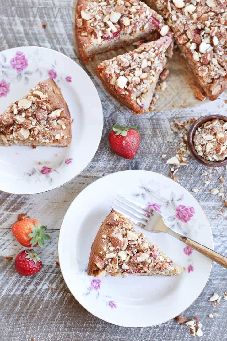 Grain-Free Strawberry Breakfast Cake - a gluten-free, naturally sweetened healthy breakfast cake made using almond flour, olive oil, and pure maple syrup