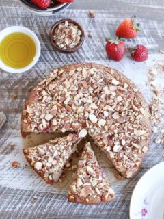 Grain-Free Strawberry Breakfast Cake - a gluten-free, naturally sweetened healthy breakfast cake with almond flour, olive oil, and pure maple syrup