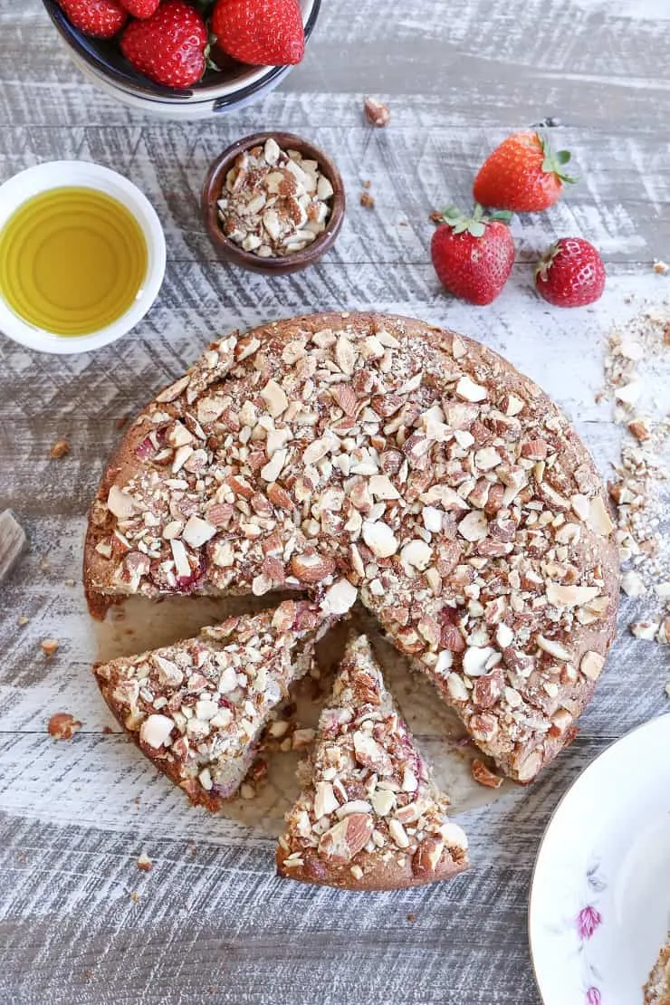 Grain-Free Strawberry Breakfast Cake - a gluten-free, naturally sweetened healthy breakfast cake with almond flour, olive oil, and pure maple syrup