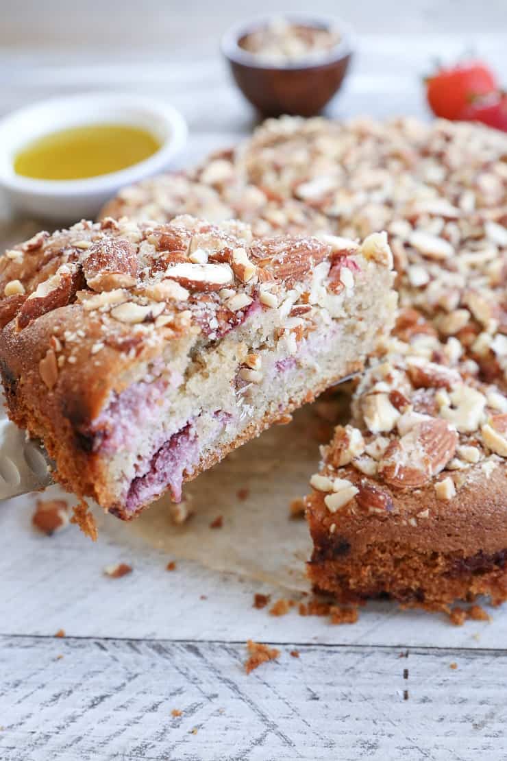 Grain-Free Strawberry Breakfast Cake - a gluten-free, naturally sweetened healthy breakfast cake made using almond flour, olive oil, and pure maple syrup